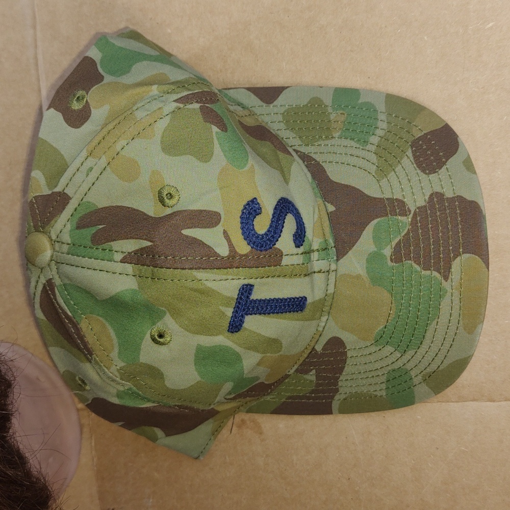 Taylor Stitch Camouflage Embroidered Leather Strapback Hat Cap OS